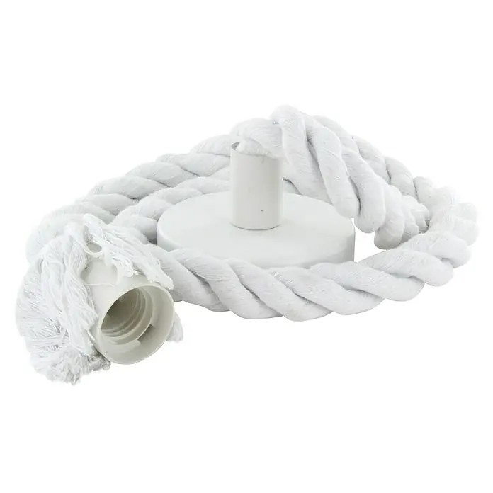 Chacon Portalámparas de cuerda - Blanco, 110 cm, E27 - Primer plano de una lámpara de cuerda blanca con portalámparas y soporte de techo.