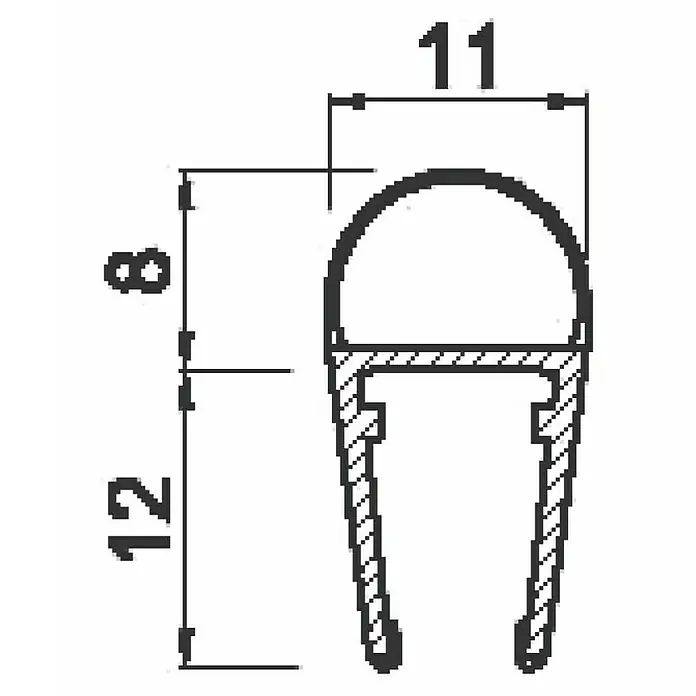 Perfil de sellado - 200 x 1,1 x 2 cm, Transparente - Dibujo de perfil de un perfil de sellado con dimensiones de 11 mm de ancho, 8 mm de altura del perfil semicircular y 12 mm de altura total.
