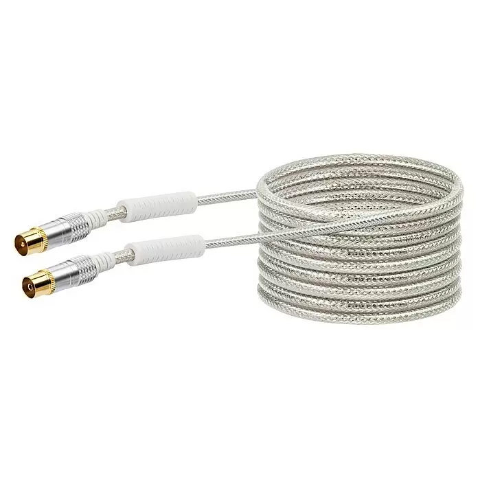 Schwaiger Koaxialkabel - 5 m, Transparent, Schirmungsmaß: 110 dB - Aufgerolltes silbernes Antennenkabel mit vergoldeten Koaxialsteckern.