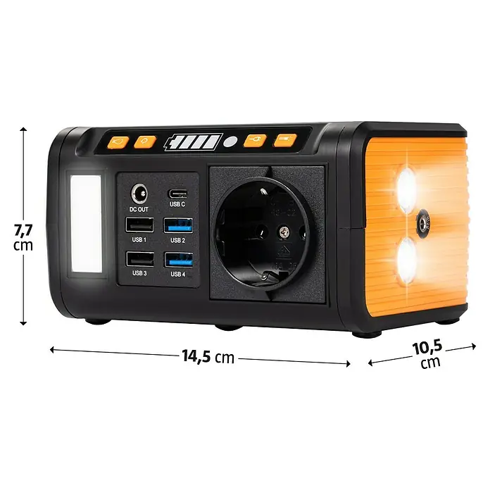 Technaxx Powerstation TX-205 - 74 Wh, Schwarz/Orange - Abbildung eines tragbaren Stromgenerators mit USB-, DC- und AC-Anschlüssen sowie eingebauter LED-Beleuchtung und Batterieanzeige zur Stromversorgung.