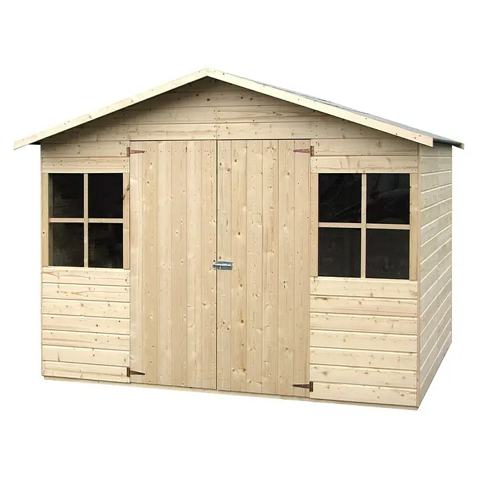 Décor et Jardin Gerätehaus Lopun - Außenmaß inkl. Dachüberstand (B x T): 289 x 202 cm, Wandstärke: 12 mm, Natur - Abbildung eines hölzernen Gartenhauses mit Doppeltür und Fenstern, ideal für die Gartenaufbewahrung und Werkzeuge.