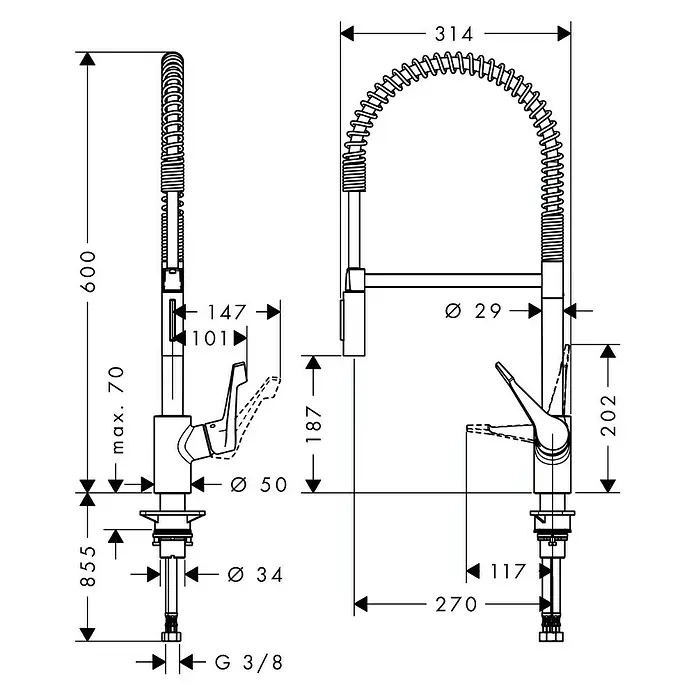 Hansgrohe Grifo de cocina Cento XXL - Cromo, Brillante - Dibujo técnico de un grifo de cocina con manguera de ducha y las dimensiones correspondientes.