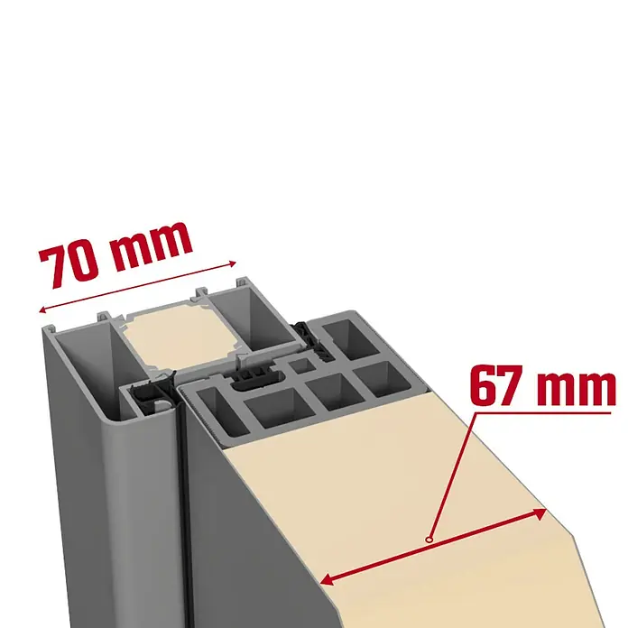 Splendoor Haustür Thermodoor PLUS SP30 - 100 x 210 cm, DIN Anschlag: Links, Verkehrsgrau - Querschnitt eines Fensterrahmens mit den Maßen 70 mm und 67 mm für Bau- und Renovierungsprojekte.