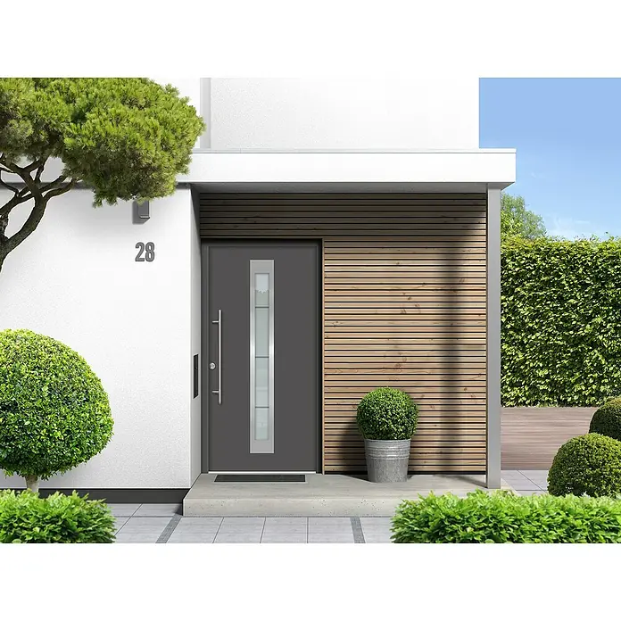 Splendoor Haustür Thermodoor PLUS SP45 - 110 x 210 cm, DIN Anschlag: Links, Anthrazitgrau Feinstruktur - Moderne Haustür mit Glasausschnitt und Edelstahlgriff in einem stilvollen Eingangsbereich mit Holzelementen und gepflegten Pflanzen.