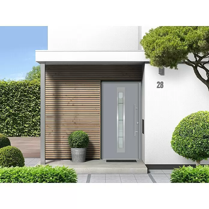 Splendoor Haustür Thermodoor PLUS SP45 - 110 x 210 cm, DIN Anschlag: Rechts, Verkehrsgrau - Moderne graue Haustür mit vertikaler Glasscheibe und langem silbernem Griff, in einem modernen Hauseingang mit Holzverkleidung.
