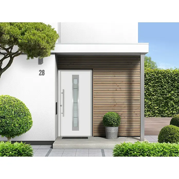 Splendoor Haustür Thermodoor PLUS SP45 - 110 x 210 cm, DIN Anschlag: Links, Verkehrsweiß - Moderne Haustür mit Glaseinsatz und der Hausnummer 28. Die Tür ist weiß und hat einen schmalen Rahmen aus Edelstahl.