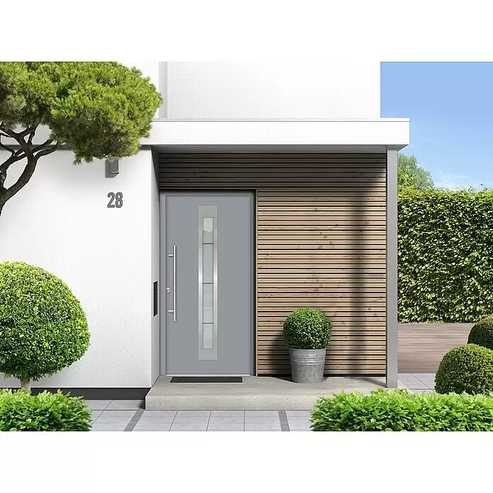 Splendoor Haustür Thermodoor PLUS SP45 - 100 x 210 cm, DIN Anschlag: Links, Verkehrsgrau - Eine moderne graue Haustür mit vertikalem Glaseinsatz und langem Griff aus gebürstetem Metall, integriert in einen zeitgenössischen Hauseingang mit Holzlamellen.
