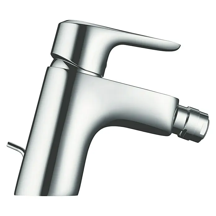 Hansgrohe Ecos Grifo monomando de bidé - Cromo, Brillante - Primer plano de un elegante grifo de bidé cromado con un diseño moderno y palanca para el control del agua.