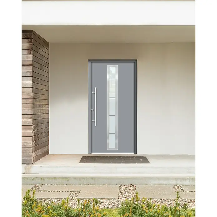 Splendoor Haustür Thermodoor PLUS SP70 - 110 x 210 cm, DIN Anschlag: Links, Verkehrsgrau - Graue Haustür mit Fenster und Griff in modernem Design. Das elegante Äußere des Hauseingangs lädt zum Betreten des Hauses ein.