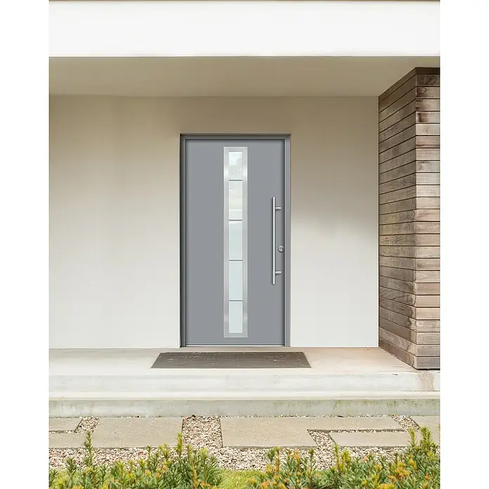 Splendoor Haustür Thermodoor PLUS SP70 - 110 x 210 cm, DIN Anschlag: Rechts, Verkehrsgrau - Graue Haustür mit Glas-Akzenten und langem Griff, die ein modernes und stilvolles Erscheinungsbild für jedes Zuhause bietet.