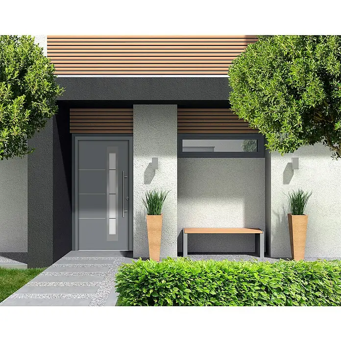 Splendoor Haustür Thermodoor PLUS SP50 - 110 x 210 cm, DIN Anschlag: Rechts, Verkehrsgrau - Moderne Haustür mit Seitenteil und minimalistischem Design, umgeben von üppigem Grün, das die klare Architektur betont.
