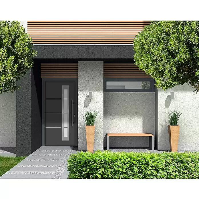 Splendoor Haustür Thermodoor PLUS SP50 - 100 x 210 cm, DIN Anschlag: Rechts, Anthrazitgrau Feinstruktur - Moderner Hauseingang mit dunkelgrauer Tür, Holzverkleidung und strukturierten Putzwänden, umgeben von Grün und einer Bank.