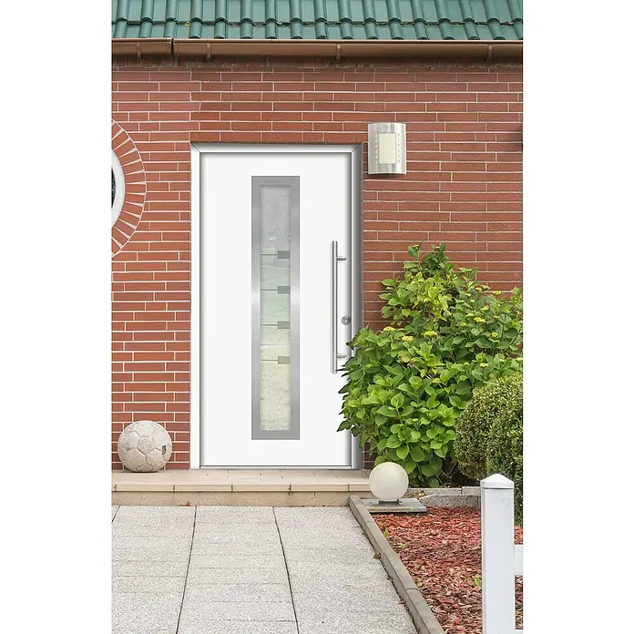 Splendoor Haustür Thermodoor PLUS SP80 - 110 x 210 cm, DIN Anschlag: Rechts, Verkehrsweiß - Moderne Haustür mit Glaseinsatz und Edelstahlgriff in einem Backsteingebäude. Stilvoller Eingangsbereich mit zeitgemäßem Design.