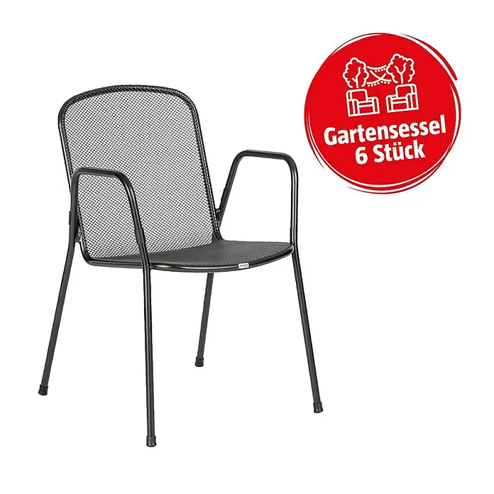 Acamp Gartensessel Alfredo - Stahl, Stapelbar, Schwarz, B x T x H: 55 x 60 x 83 cm, 6 Stk. - Abgebildeter Gartensessel für den Außenbereich mit Armlehnen, aus Metall, in schwarzer Farbe. Ideal für den Garten oder die Terrasse.