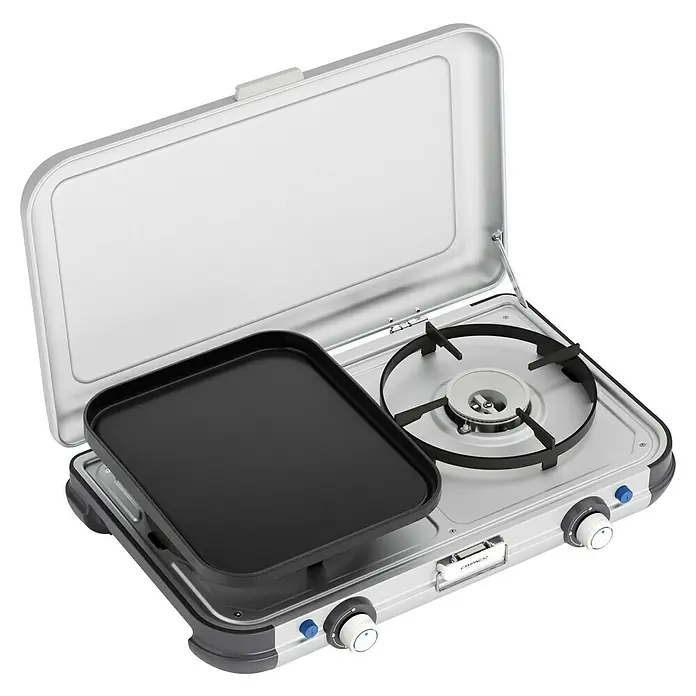 Campingaz Hornillo de gas 2 Grill & Go - 35 x 49 x 10 cm, 4 kW, Metal, Número de quemadores: 2 ud. - Hornillo de camping portátil con plancha y dos quemadores. Ideal para camping y aventuras al aire libre.
