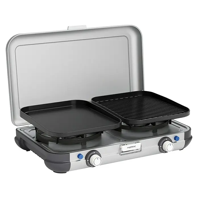 Campingaz Hornillo de gas 2 Grill & Go - 35 x 49 x 10 cm, 4 kW, Metal, Número de quemadores: 2 ud. - Cocina Campingaz con dos quemadores, una plancha grill y una placa lisa, ideal para aventuras al aire libre.