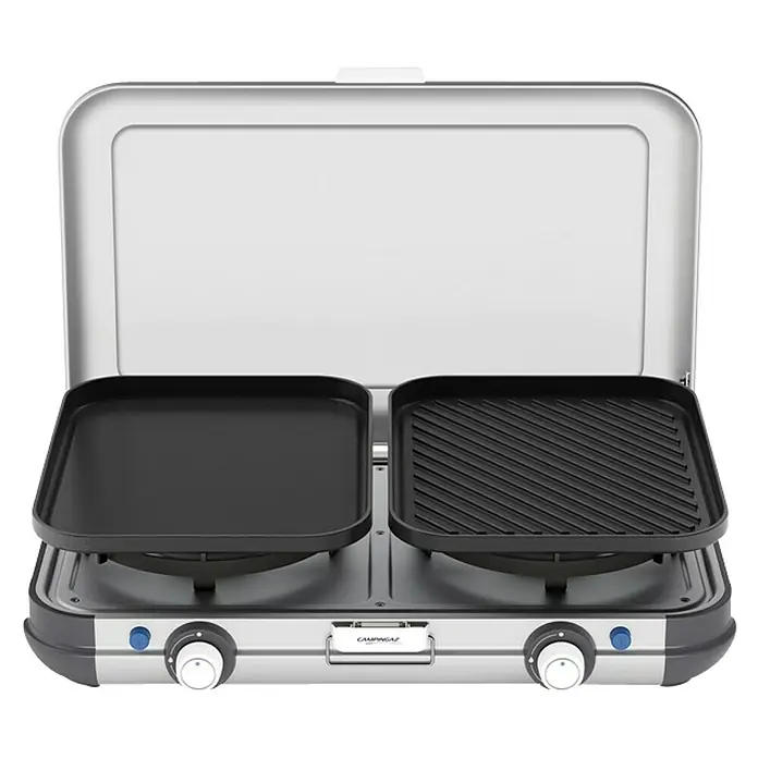 Campingaz Hornillo de gas 2 Grill & Go - 35 x 49 x 10 cm, 4 kW, Metal, Número de quemadores: 2 ud. - Imagen de una parrilla Campingaz con dos quemadores y tapa, ideal para viajes de camping y cocina al aire libre.