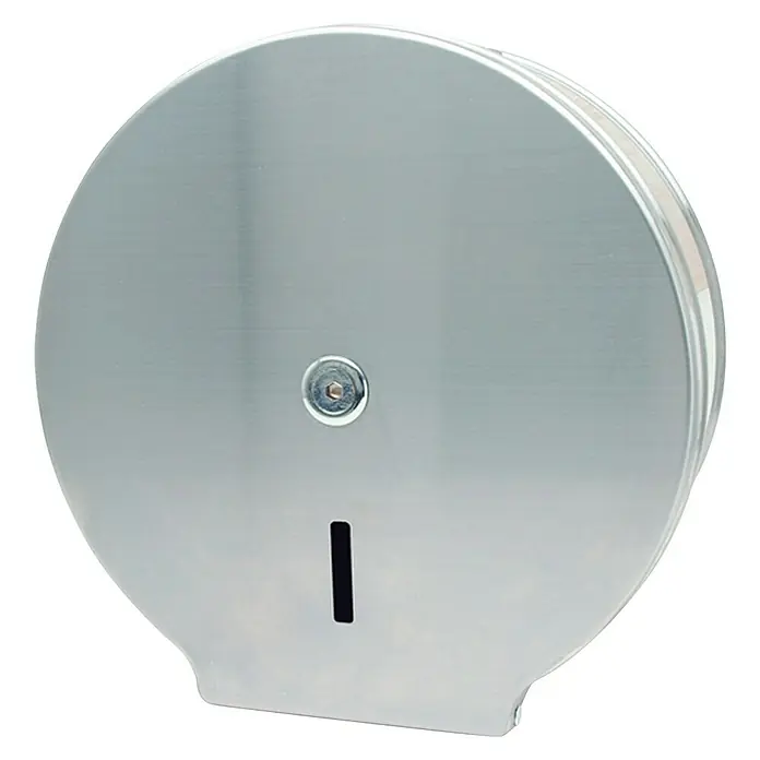 Dispensador de papel higiénico industrial - L x An x Al: 125 x 26 x 265 cm, Acero inoxidable - Un dispensador de papel higiénico de color plateado con una ranura de dispensación y una cerradura para sujetar el rollo de papel.