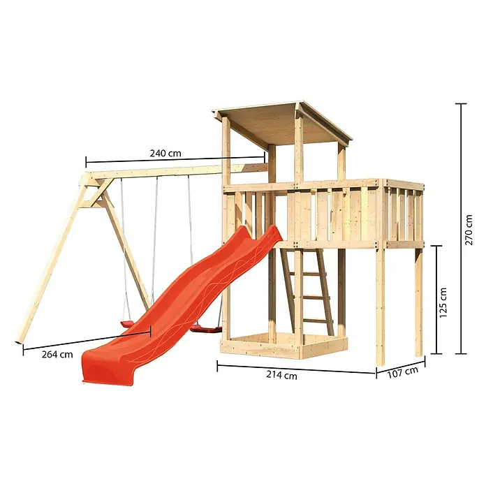 Karibu Kinderspielturm Anna Set 28 - L x B x H: 264 x 454 x 270 cm, Natur - Abbildung eines Spielturms mit Rutsche und Schaukel mit den Maßen 270 cm Höhe, 264 cm Länge der Rutsche und 240 cm Breite der Schaukel.