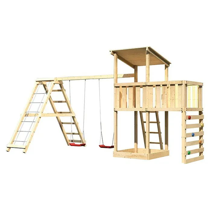 Karibu Kinderspielturm Anna Set 46 - L x B x H: 264 x 522 x 270 cm, Natur - Eine hölzerne Kinderspielanlage mit Schaukeln, Kletterwand und einem kleinen Turm für stundenlangen Spielspaß im Garten.