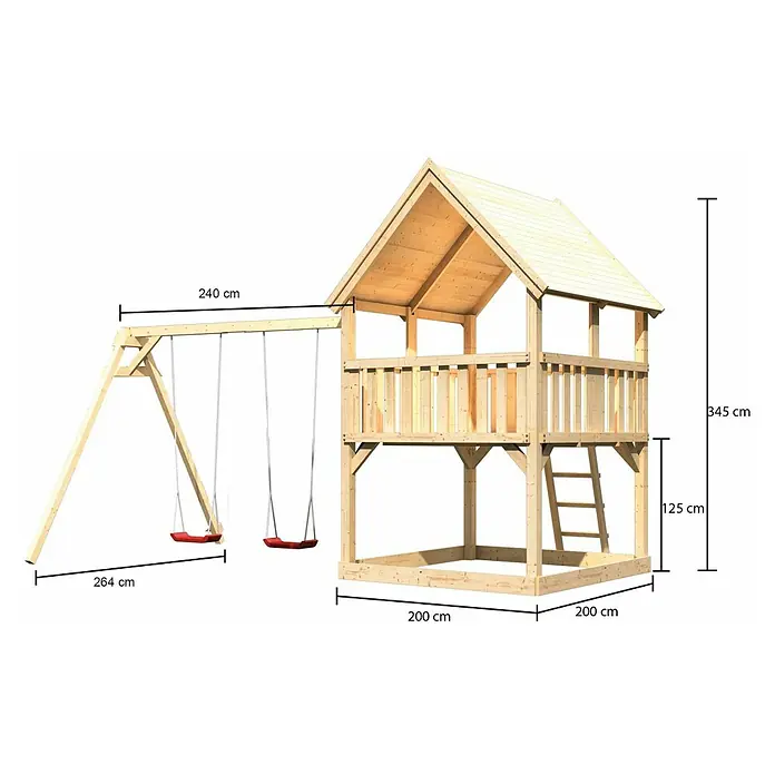 Karibu Kinderspielturm Luis Set 4 - L x B x H: 264 x 440 x 345 cm, Natur - Abbildung eines Holzspielhauses mit Schaukel und den dazugehörigen Maßen, die auf dem Bild dargestellt sind.