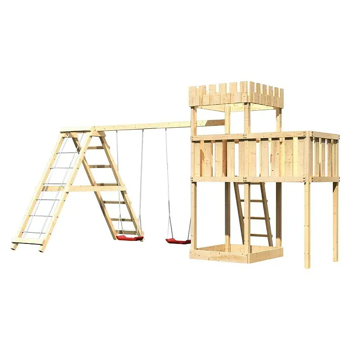 Karibu Kinderspielturm Ritterburg Löwenherz Set 20 - L x B x H: 264 x 522 x 259,5 cm, Natur - Ein detailreiches Bild eines Holzspielplatzes mit Schaukeln, einer Leiter und einem Turm, ideal für Outdoor-Spaß und Abenteuer.
