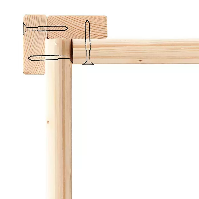 Karibu Spielhaus Benjamin Set 2 - L x B x H: 244 cm x 198 mm x 309 cm, Holz, Terragrau - Helle Holzbretter mit Schrauben zu einer Ecke verbunden.