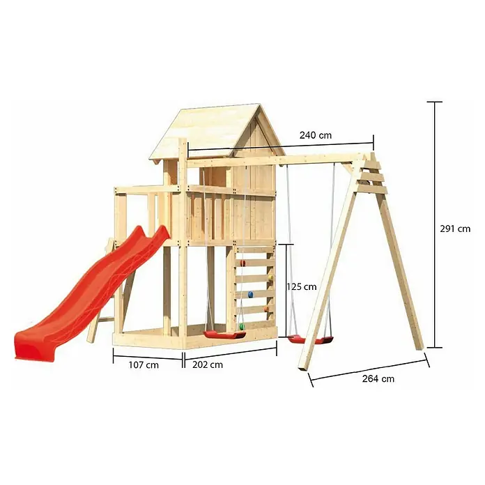 Karibu Kinderspielturm Frieda Set 36 - L x B x H: 264 x 347 x 291 cm, Natur - Holzspielplatz mit Rutsche, Schaukel und Kletterwand. Perfekt für stundenlangen Spielspaß im Garten. Die Maße sind auf dem Bild angegeben.