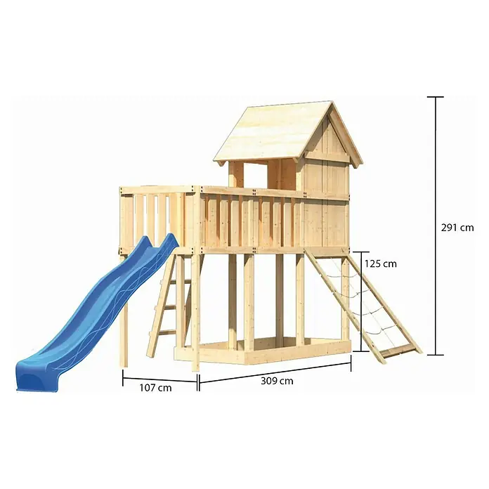 Karibu Kinderspielturm Frieda Set 39 - L x B x H: 107 x 309 x 291 cm, Natur - Abbildung eines Holzspielhauses mit Rutsche, Leiter und Kletternetz, inklusive Maßangaben.
