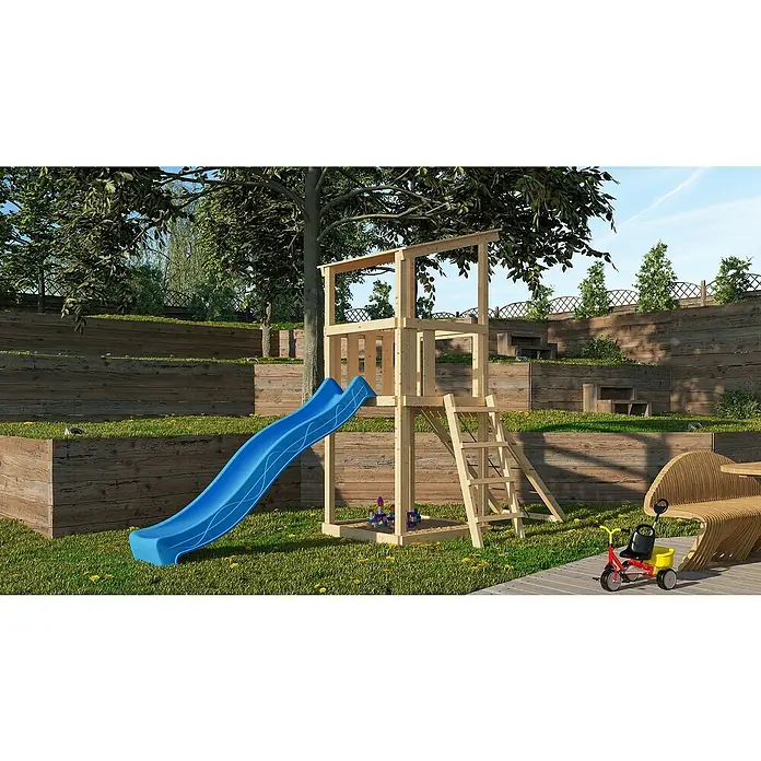 Karibu Kinderspielturm Anna Set 15 - L x B x H: 107 x 107 x 270 cm, Natur - Kinderspielplatz mit Rutsche, Klettergerüst und Sandkasten in einem Garten. Perfekt zum Spielen und Spaß haben im Freien.