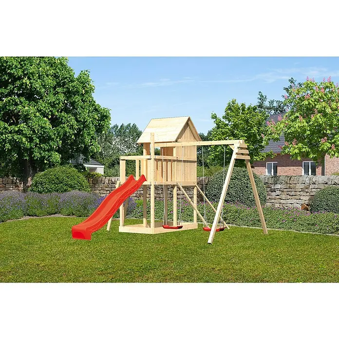 Karibu Kinderspielturm Frieda Set 32 - L x B x H: 264 x 347 x 291 cm, Natur - Holzspielplatz mit Rutsche und Schaukel für Kinder im Garten. Ideal für stundenlangen Spielspaß im Freien.