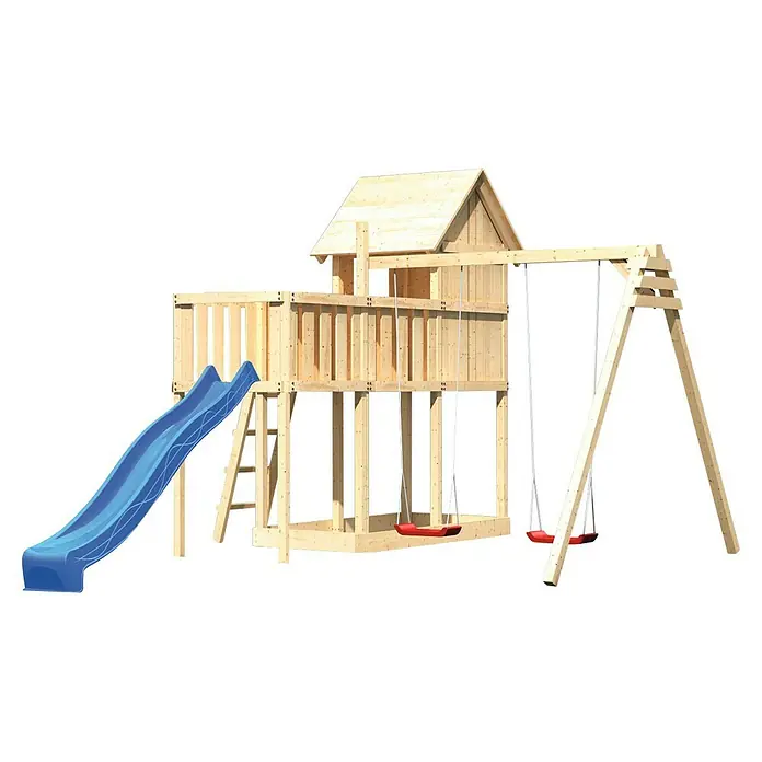 Karibu Kinderspielturm Frieda Set 27 - L x B x H: 309 x 347 x 291 cm, Natur - Kinderspielplatz aus Holz mit Rutsche, Schaukel und Spielhaus für Spaß im Garten.