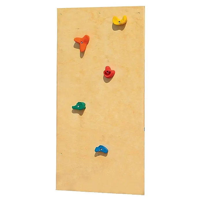 Karibu Kinderspielturm Luis Set 14 - L x B x H: 200 x 200 x 345 cm, Natur/Blau - Nahaufnahme einer Kletterwand mit gelben, orangenen, roten, grünen und blauen Klettergriffen.