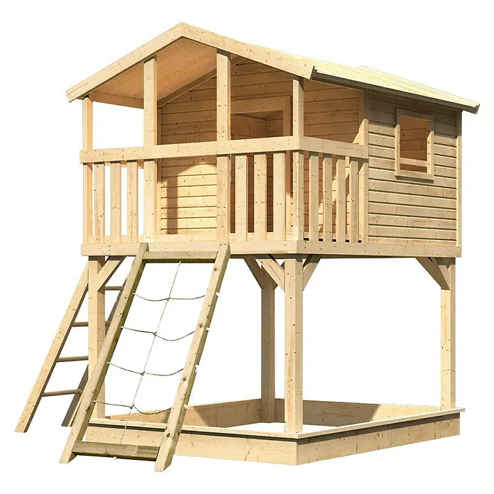 Karibu Spielhaus Benjamin Set 7 - L x B x H: 244 cm x 198 mm x 309 cm, Holz, Natur - Holzspielhaus mit Sandkasten, Leiter und Netz. Ideal für Kinder zum Spielen im Garten.