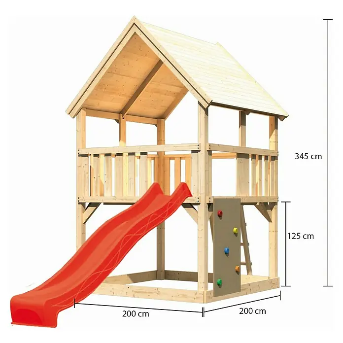 Karibu Kinderspielturm Luis Set 15 - L x B x H: 200 x 200 x 345 cm, Natur/Rot - Abbildung des Adventure Spielturm mit Rutsche und Kletterwand, ideal für Outdoor-Spaß.