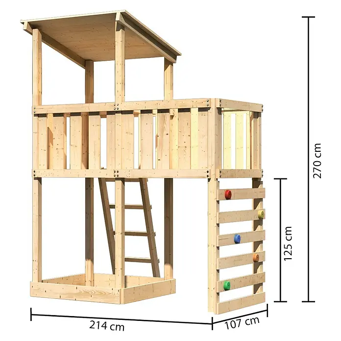 Karibu Kinderspielturm Anna Set 26 - L x B x H: 107 x 214 x 270 cm, Natur - Abmessungen des Holzspielhauses mit Kletterwand und Leiter, Gesamthöhe 270 cm, Länge 214 cm, Breite Kletterwand 107 cm.