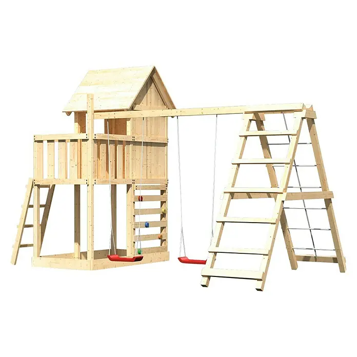 Karibu Kinderspielturm Frieda Set 24 - L x B x H: 264 x 415 x 291 cm, Natur - Holzspielplatz mit Schaukeln, Leiter und Kletterwand für Kinder zum Spielen im Freien.