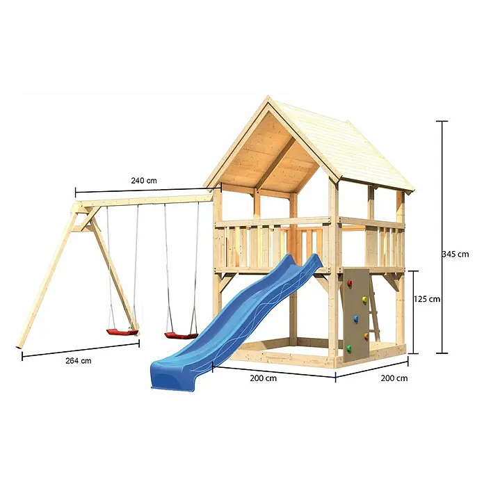 Karibu Kinderspielturm Luis Set 24 - L x B x H: 264 x 440 x 345 cm, Natur/Blau - Abbildung eines hölzernen Spielhauses mit Schaukel und Rutsche mit den Maßangaben.