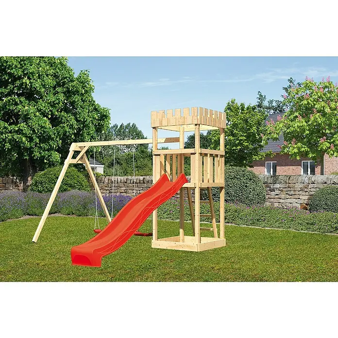 Karibu Kinderspielturm Ritterburg Löwenherz Set 10L x B x H: 264 x 347 x 259,5 cm, Natur/Rot - Spielturm mit Rutsche und Schaukel für Kinder im Garten.