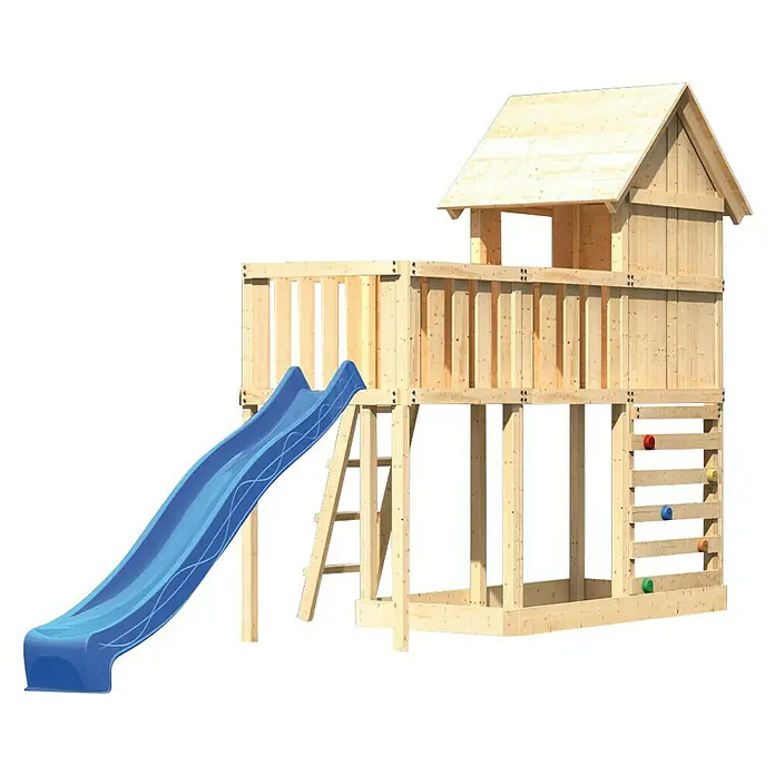 Karibu Kinderspielturm Frieda Set 41 - L x B x H: 107 x 309 x 291 cm, Natur - Holzspielhaus mit Rutsche, Kletterwand und Leiter für Kinder zum Spielen und Spaß haben im Garten.