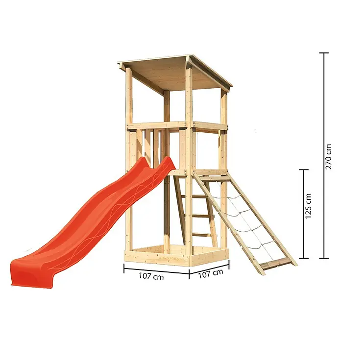 Karibu Kinderspielturm Anna Set 16 - L x B x H: 107 x 107 x 270 cm, Natur - Abbildung eines hölzernen Spielturms mit Rutsche, Kletterwand und Leiter für Kinder im Garten, mit Abmessungen.