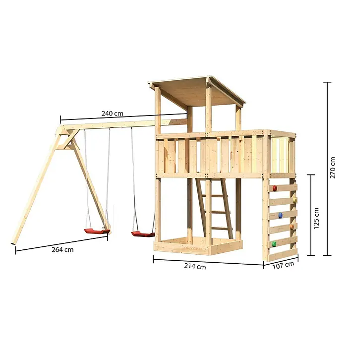 Karibu Kinderspielturm Anna Set 45 - L x B x H: 264 x 454 x 270 cm, Natur - Abbildung eines Holzspielplatzes mit Schaukel, Kletterwand und Spielturm. Die Maße sind deutlich sichtbar dargestellt.