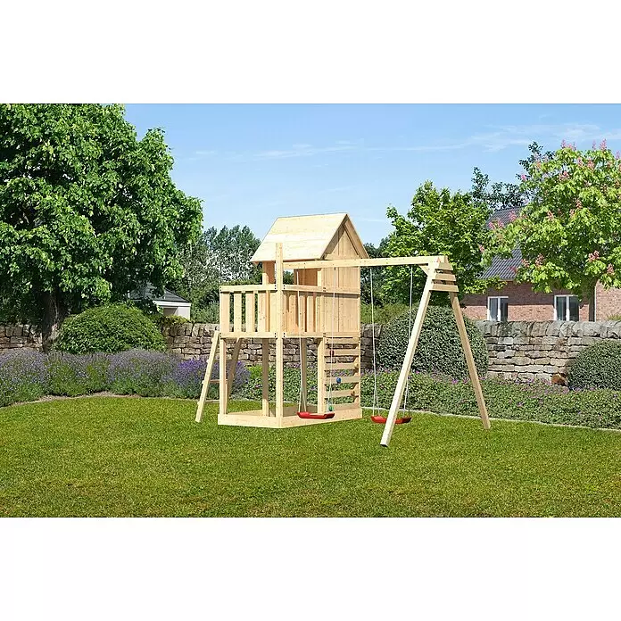 Karibu Kinderspielturm Frieda Set 23 - L x B x H: 264 x 347 x 291 cm, Natur - Spielturm aus Holz mit Spielhaus, Leiter und Schaukeln.