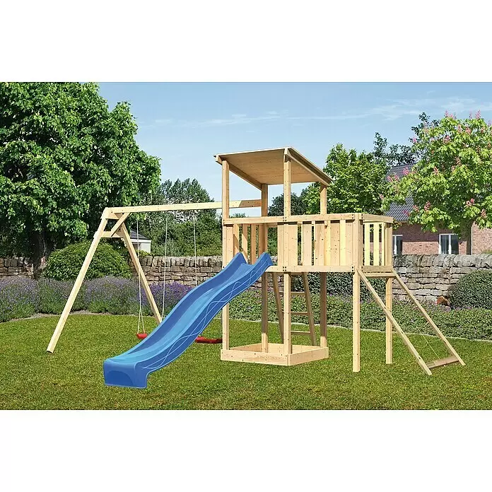 Karibu Kinderspielturm Anna Set 47 - L x B x H: 264 x 454 x 270 cm, Natur - Hölzernes Spielgerüst mit blauer Rutsche und roten Schaukeln.