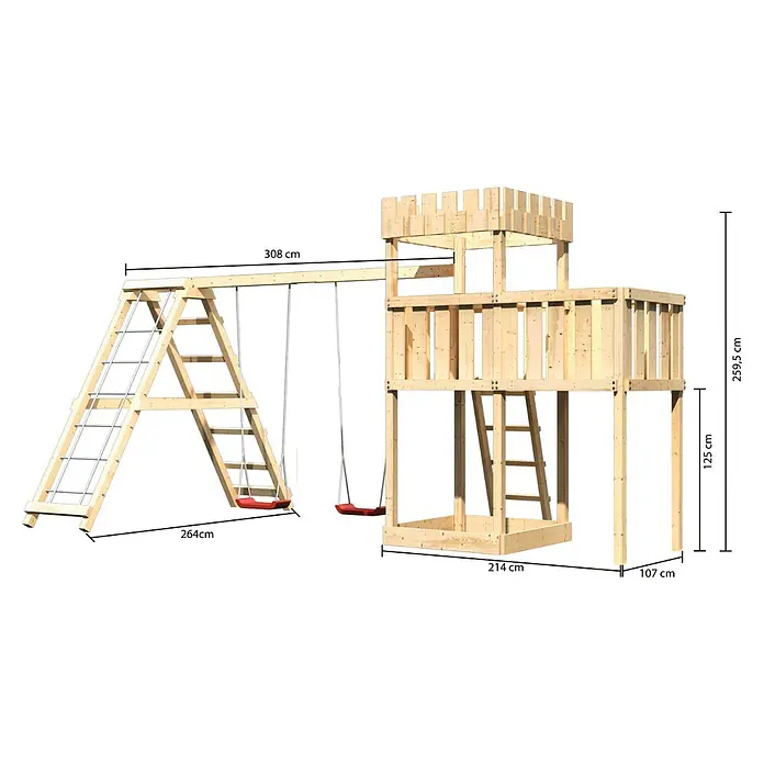 Karibu Kinderspielturm Ritterburg Löwenherz Set 20 - L x B x H: 264 x 522 x 259,5 cm, Natur - Abbildung eines Spielturms aus Holz mit Schaukel, Kletterwand und Turm, ideal für den Garten. Robuste Konstruktion für sicheren Spielspaß im Freien.