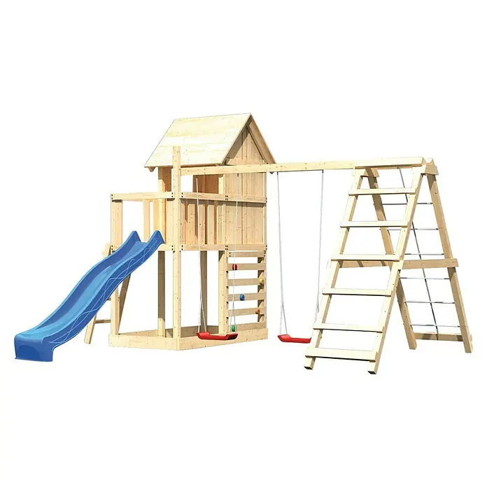 Karibu Kinderspielturm Frieda Set 37 - L x B x H: 264 x 415 x 291 cm, Natur - Holzspielplatz mit Rutsche, Schaukeln und Kletterleiter. Ideal für Kinder zum Spielen und Austoben im Garten.