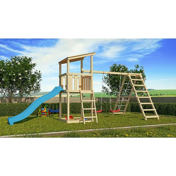 Karibu Kinderspielturm Anna Set 11L x B x H: 264 x 415 x 270 cm, Natur - Ansicht eines Holzspielplatzes mit Rutsche, Schaukeln und Klettergerüst im Garten, ideal für Kinder zum Spielen und Spaß haben im Freien.