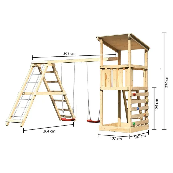 Karibu Kinderspielturm Anna Set 24 - L x B x H: 264 x 415 x 270 cm, Natur - Bild einer hölzernen Kinderspielanlage mit Rutsche, Schaukeln und Kletterwand. Die Spielanlage hat verschiedene Abmessungen.