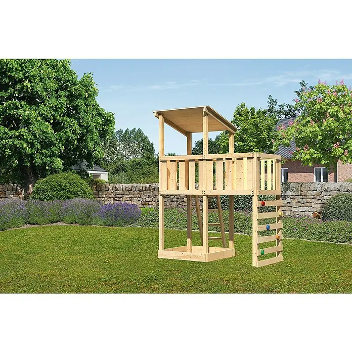 Karibu Kinderspielturm Anna Set 26 - L x B x H: 107 x 214 x 270 cm, Natur - Holzspielturm mit Kletterwand für Kinder im Garten. Das Spielgerät bietet Spaß im Freien und fördert die Bewegung.