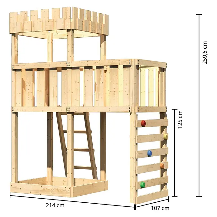 Karibu Kinderspielturm Ritterburg Löwenherz Set 26 - L x B x H: 107 x 214 x 259,5 cm, Natur - Bild eines Holzspielhauses mit Kletterwand und Turm mit Maßangaben.